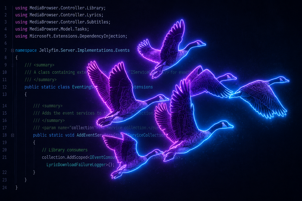 Neon geese in flight over Jellyfin C# source code